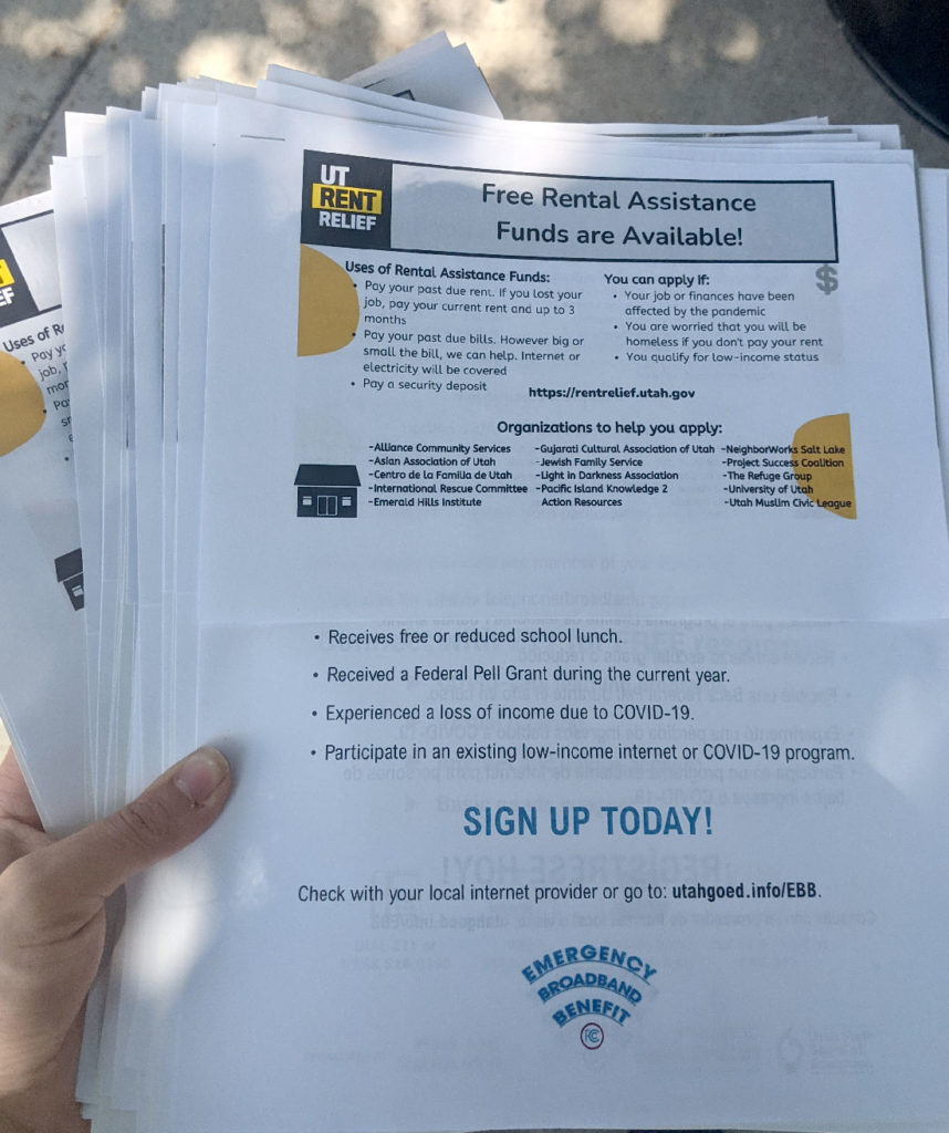 Stay Safe, Stay Connected information packets with rental assistance and emergency broadband resources