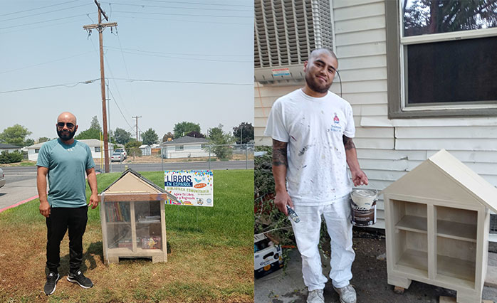 Flor Puts books into Little Library